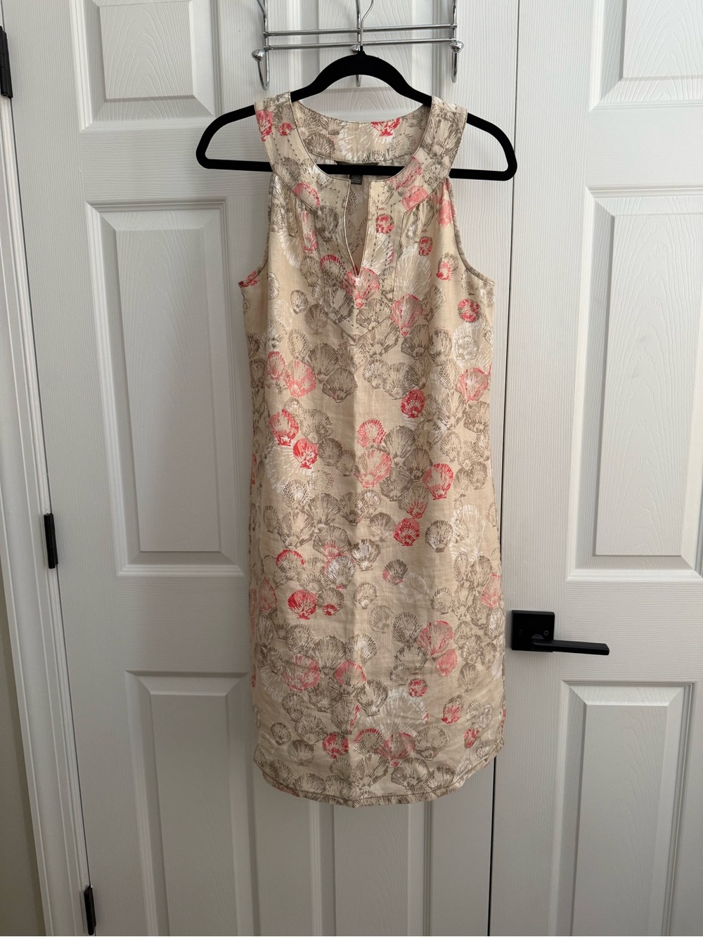 Linen Beige beach Shift Dress with Pink shells